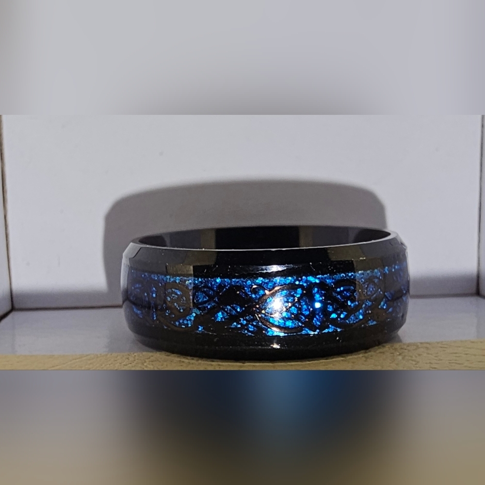 High Polished Black Tungsten with Blue Sapphire Inlay Wedding Band, Ring Sz 10